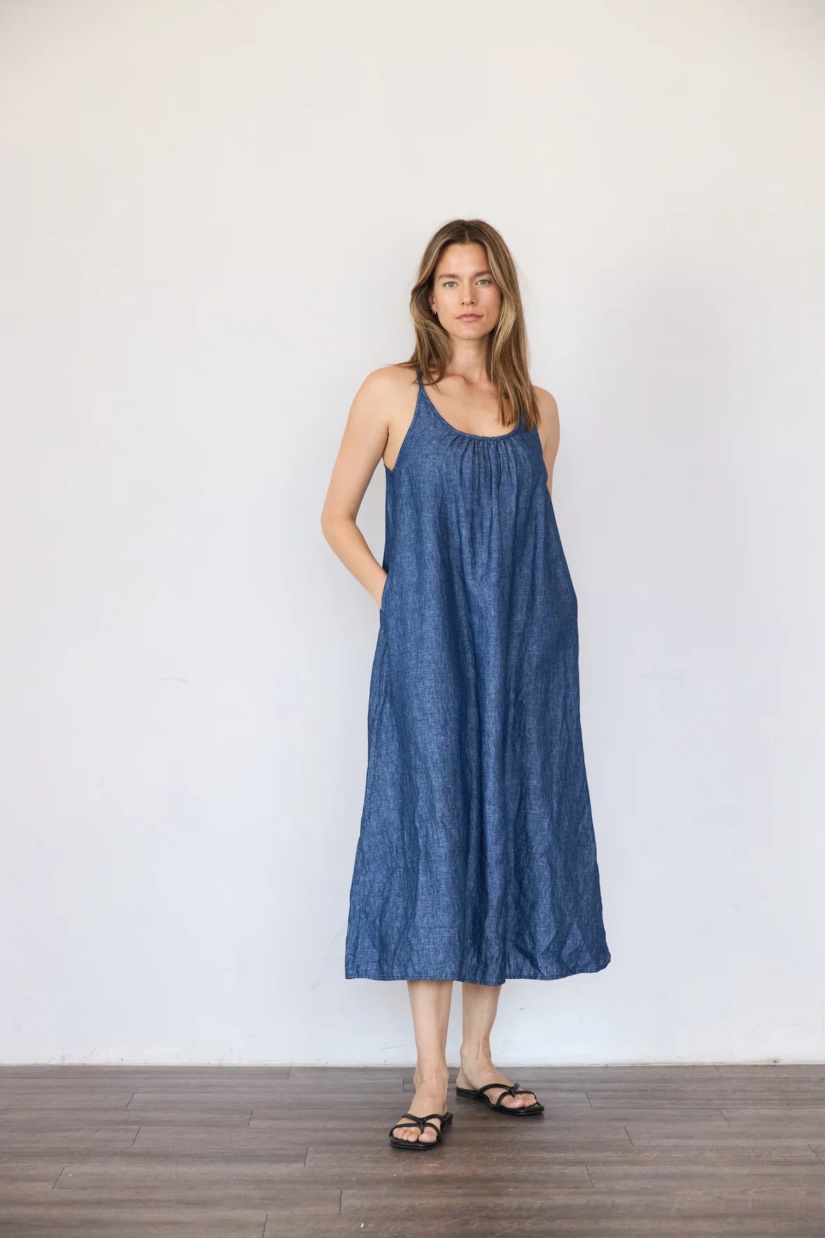 chinese dress ladies Indigo Pinstripe Linen Payesa Dress – DATURA main image 1