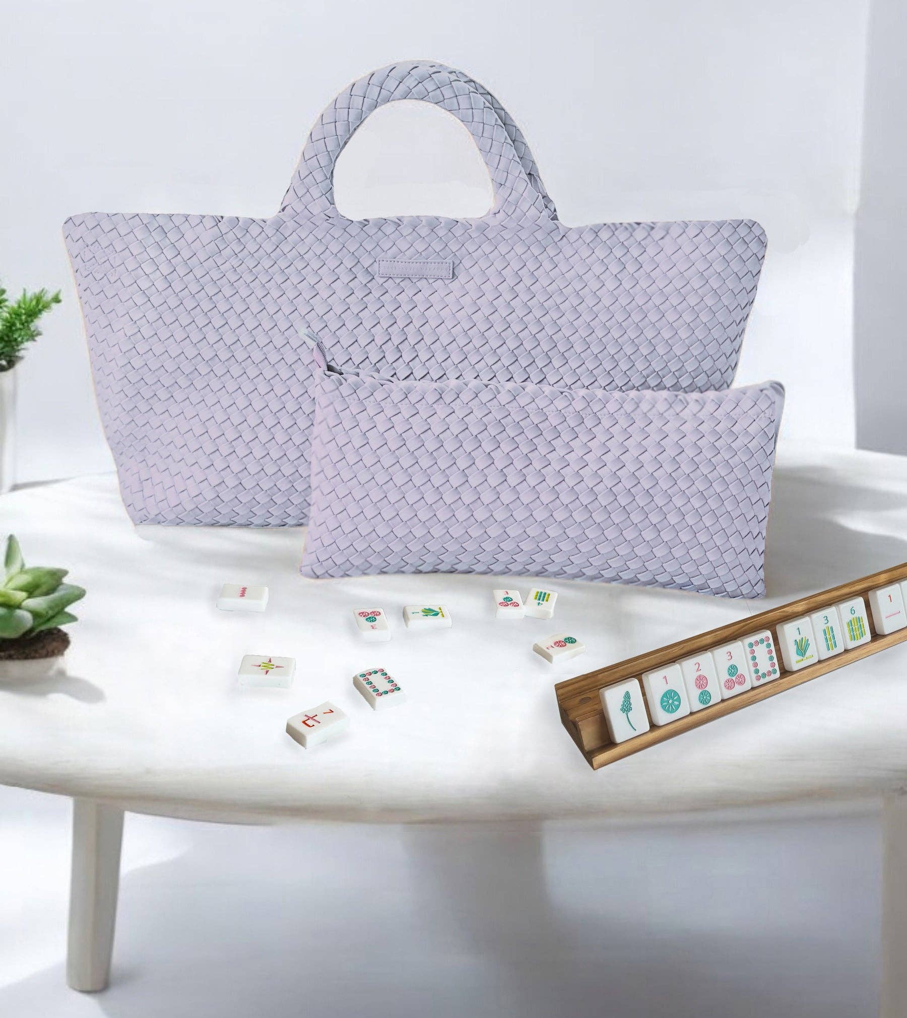 Peace Love Mahjong - Woven Mahjong Carryall | Light Blue