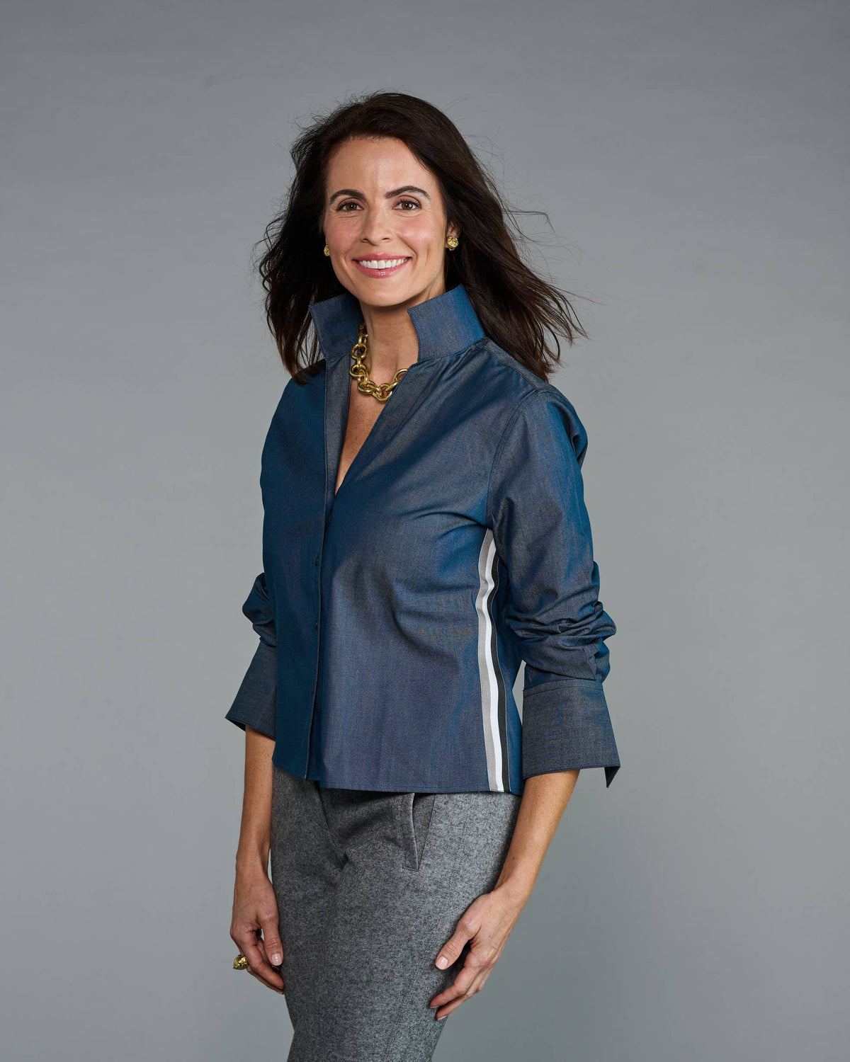 Claridge + King - The League Crop Shirt in Dark Blue Denim with Stripe Trim