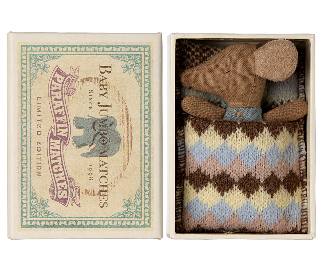 Maileg Sleepy Wakey Baby Mouse in Matchbox - Blue
