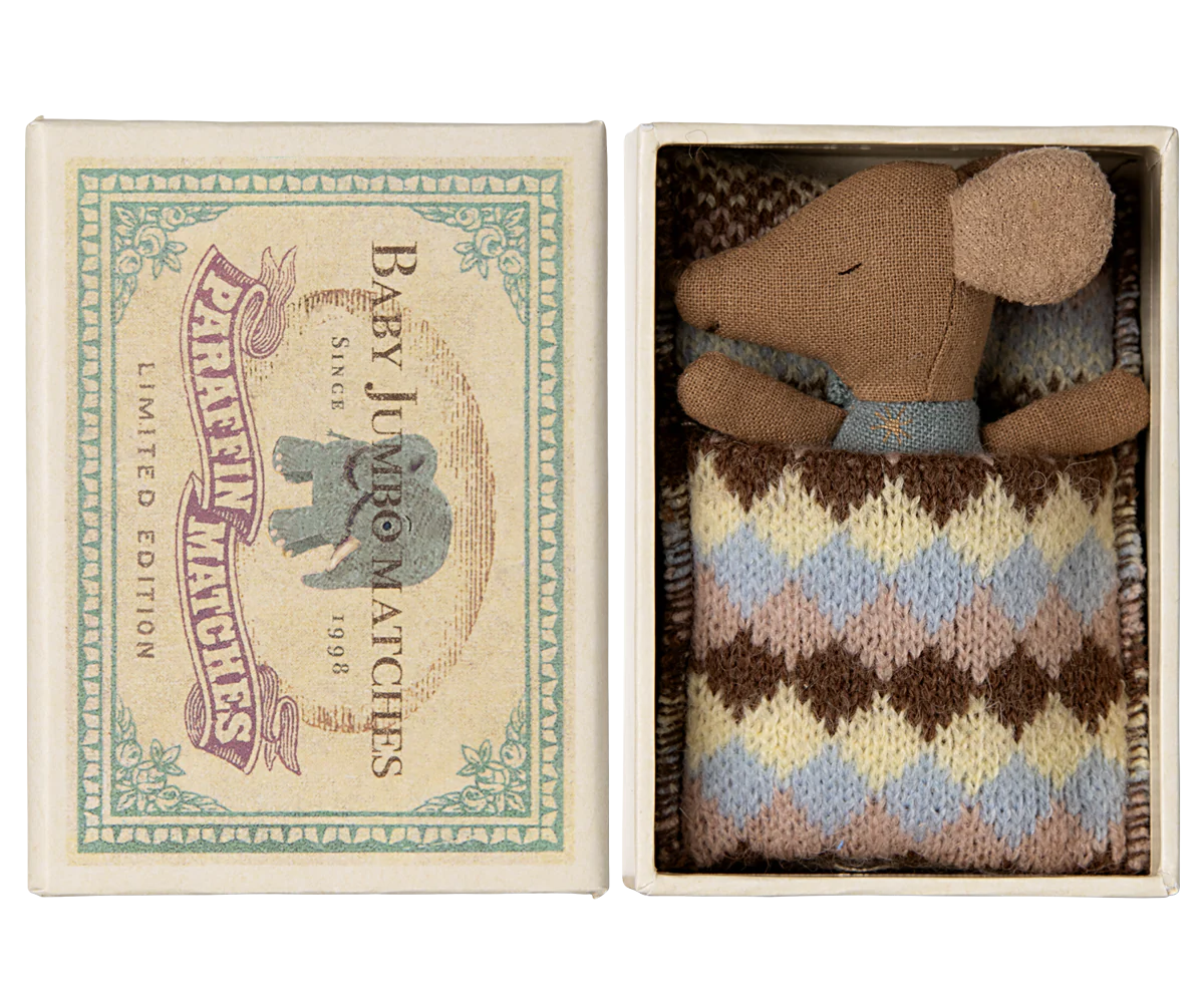 Maileg Sleepy Wakey Baby Mouse in Matchbox - Blue