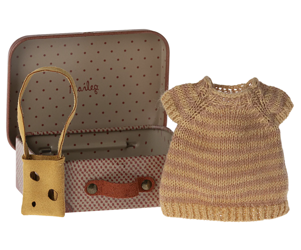 Maileg Knitted Dress & Bag in Suitcase, Mouse Big Sister