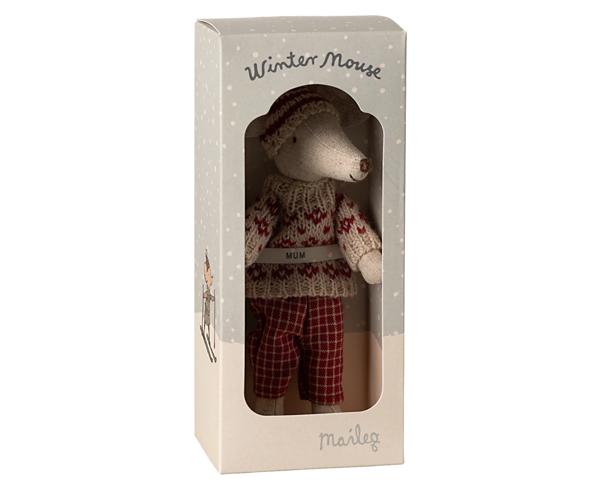 Maileg - Winter Mouse with Ski Set, Mum-Red