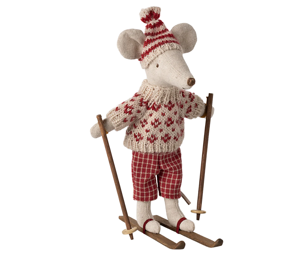 Maileg - Winter Mouse with Ski Set, Mum-Red