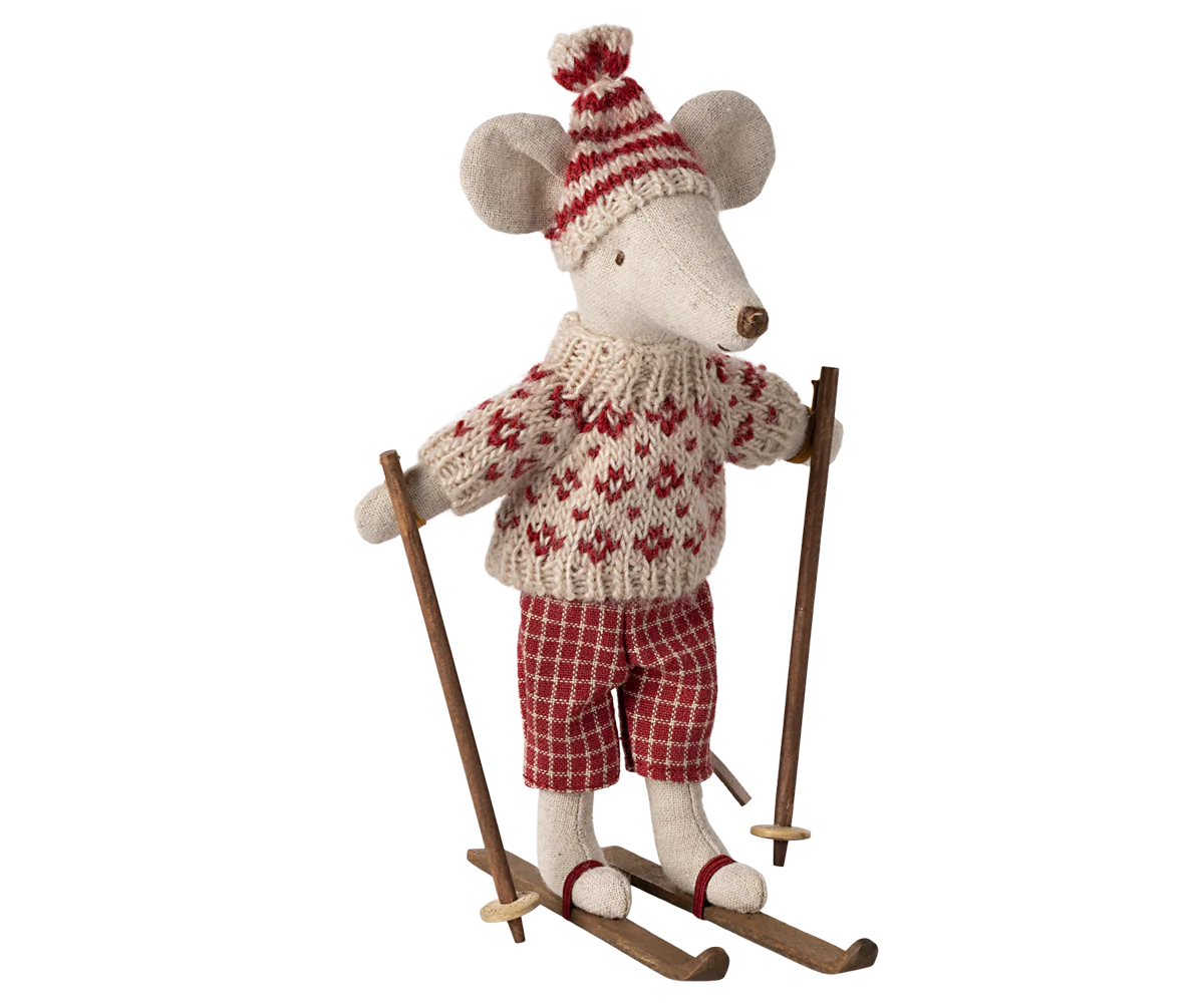 Maileg - Winter Mouse with Ski Set, Mum-Red