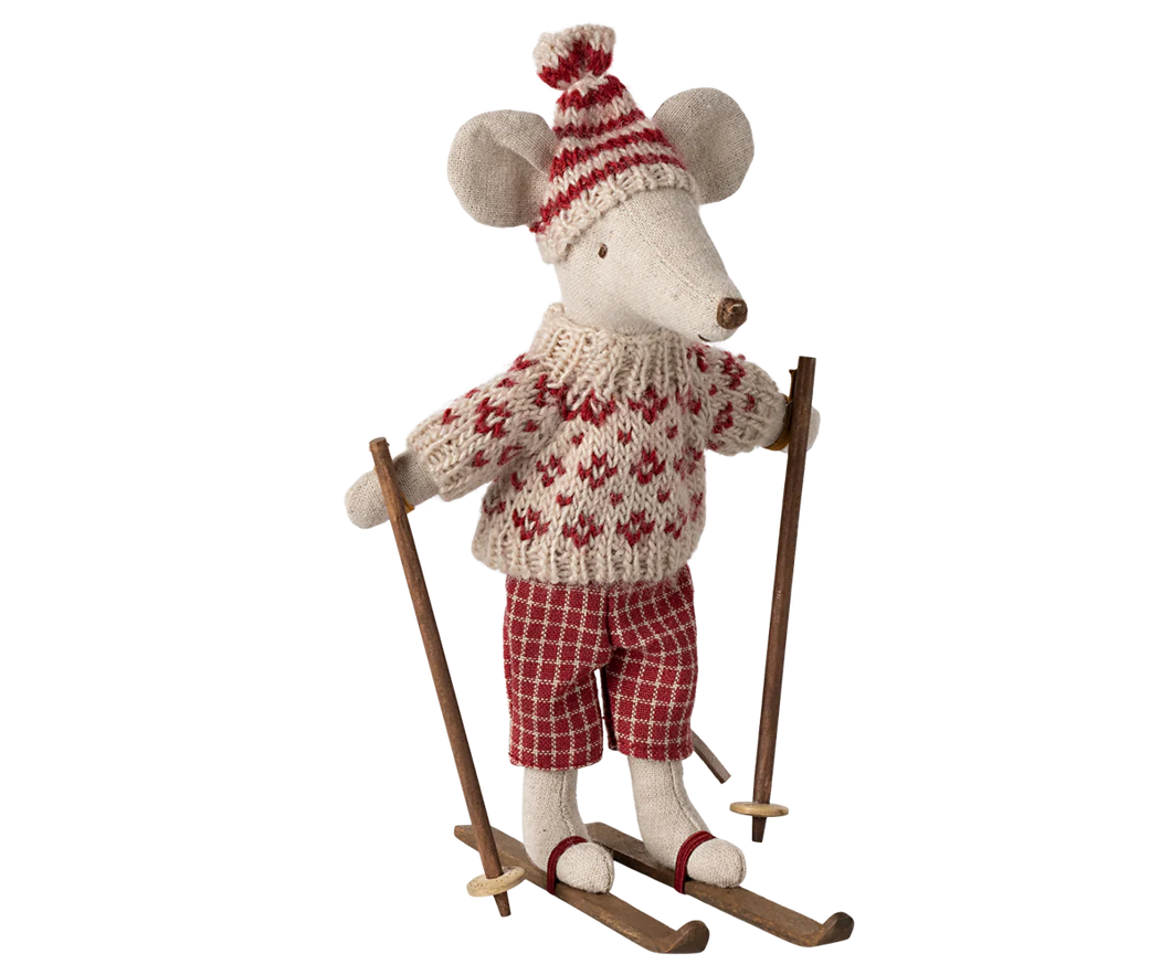 Maileg - Winter Mouse with Ski Set, Mum-Red