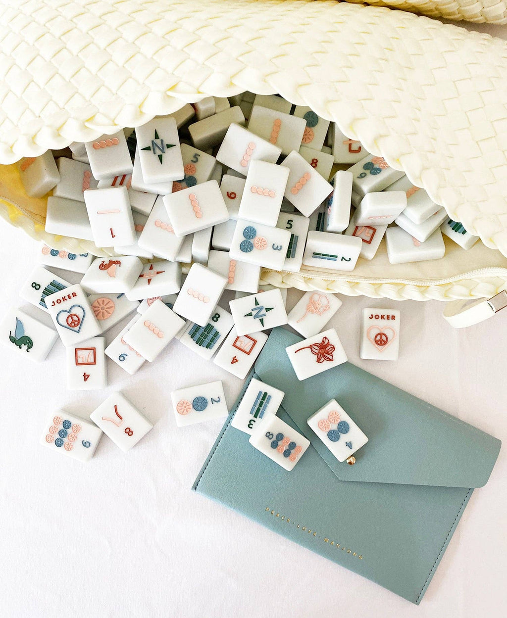 Peace Love Mahjong - Woven Mahjong Carryall | Light Blue