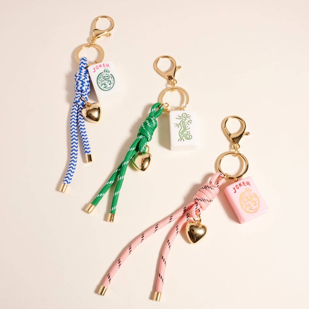 Mahjong Tile Puffy Heart Cord Keychain Bag Charm: Green
