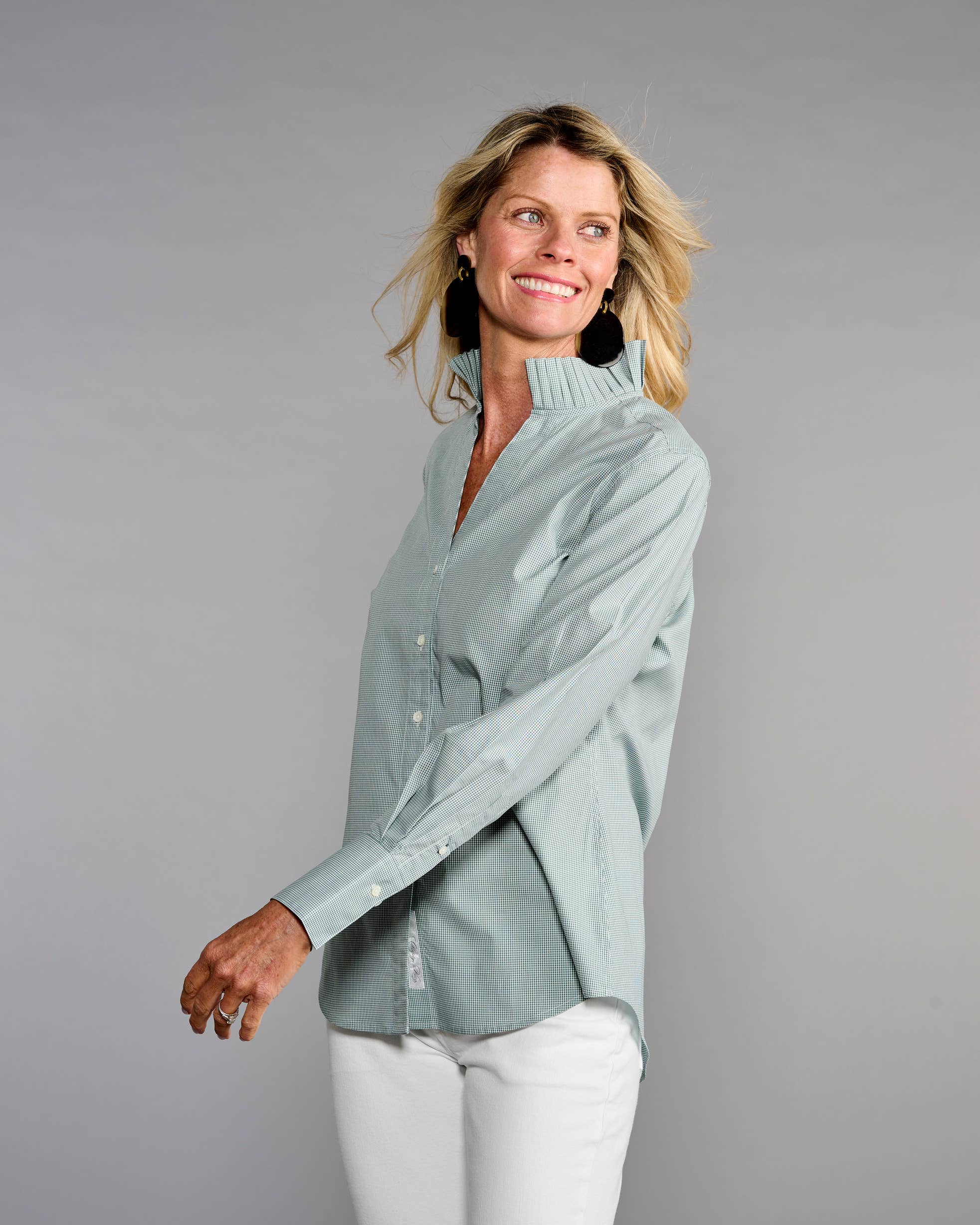 Claridge + King - The Pleated League Blouse in Sage Mini Check: XS