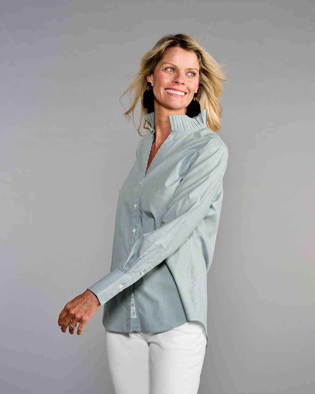 Claridge + King - The Pleated League Blouse in Sage Mini Check: S