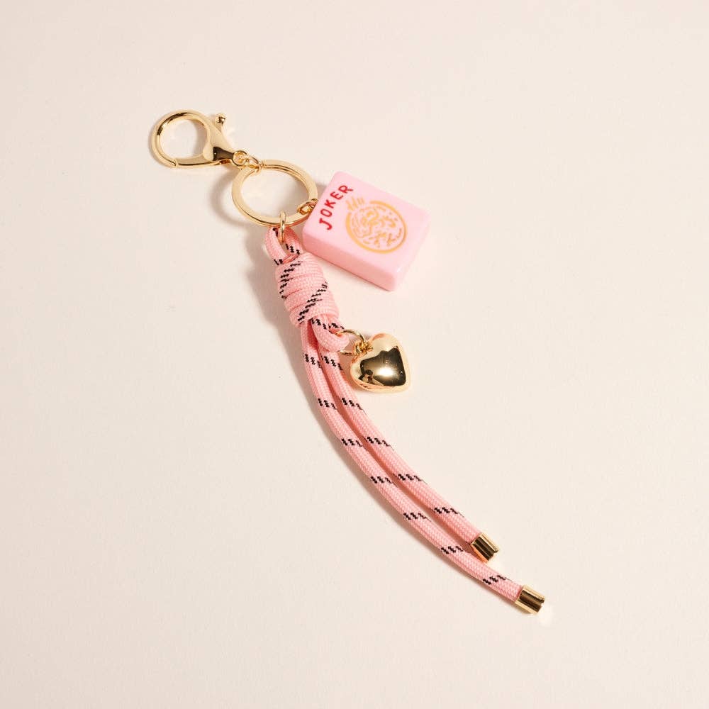 Mahjong Tile Puffy Heart Cord Keychain Bag Charm: Pink