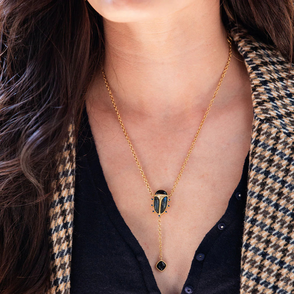 Capucine De Wulf Scarab Lariat Necklace 18" - Blue Labradorite/Black Agate