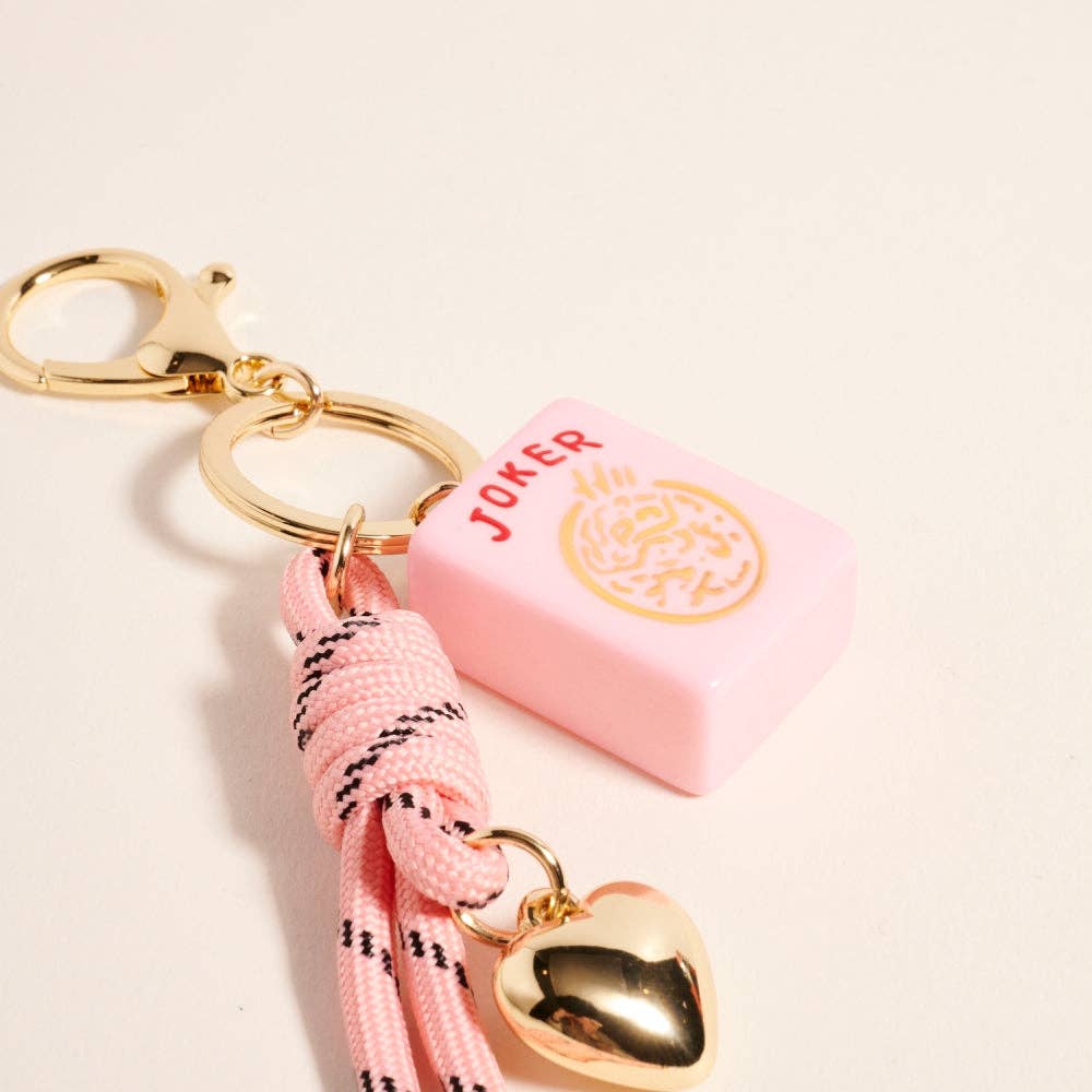 Mahjong Tile Puffy Heart Cord Keychain Bag Charm: Pink