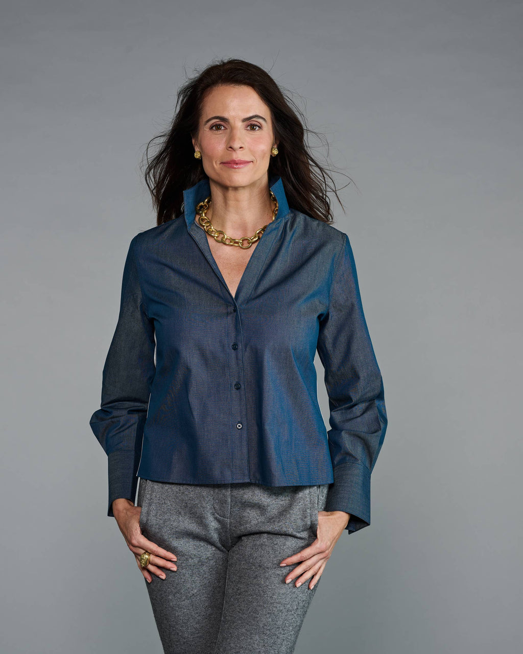 Claridge + King - The League Crop Shirt in Dark Blue Denim with Stripe Trim
