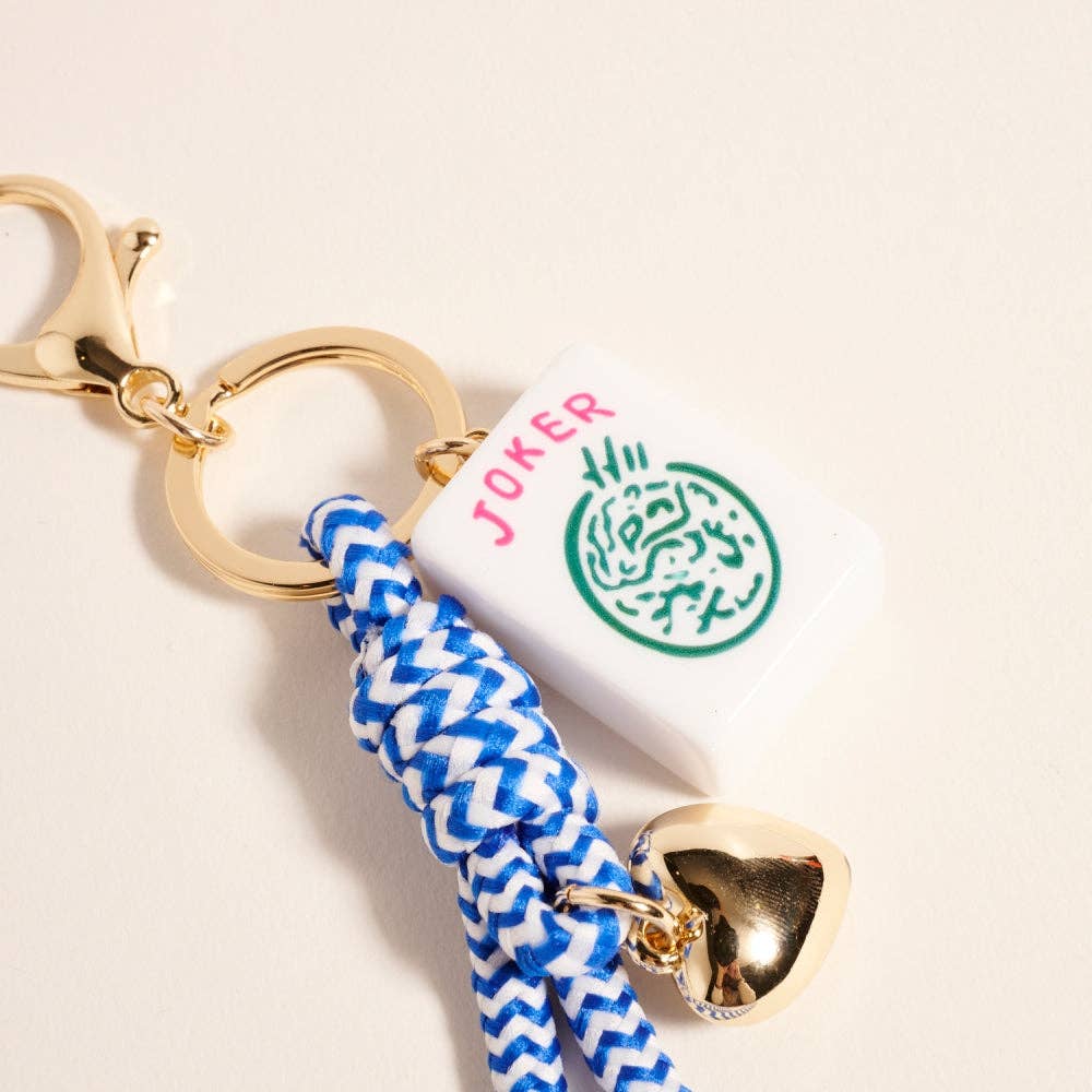 Mahjong Tile Puffy Heart Cord Keychain Bag Charm: Blue