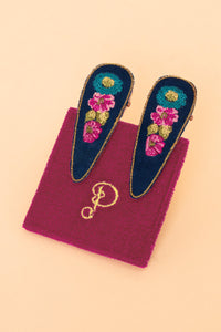 Powder UK Embroidered Hair Clips  - Vintage Floral, Navy