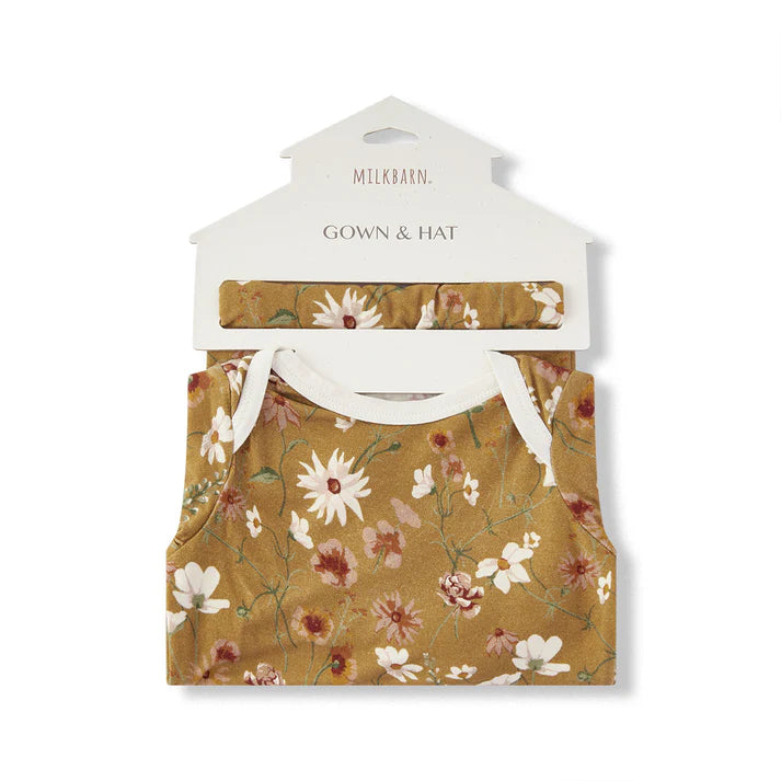 Milkbarn Bamboo Newborn Gown & Hat Set | Wildflower