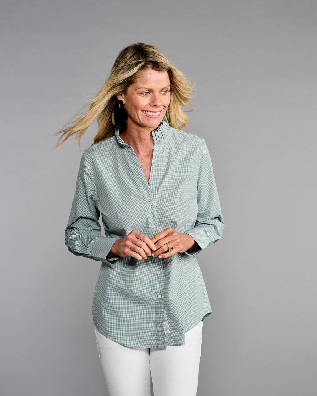 Claridge + King - The Pleated League Blouse in Sage Mini Check: S