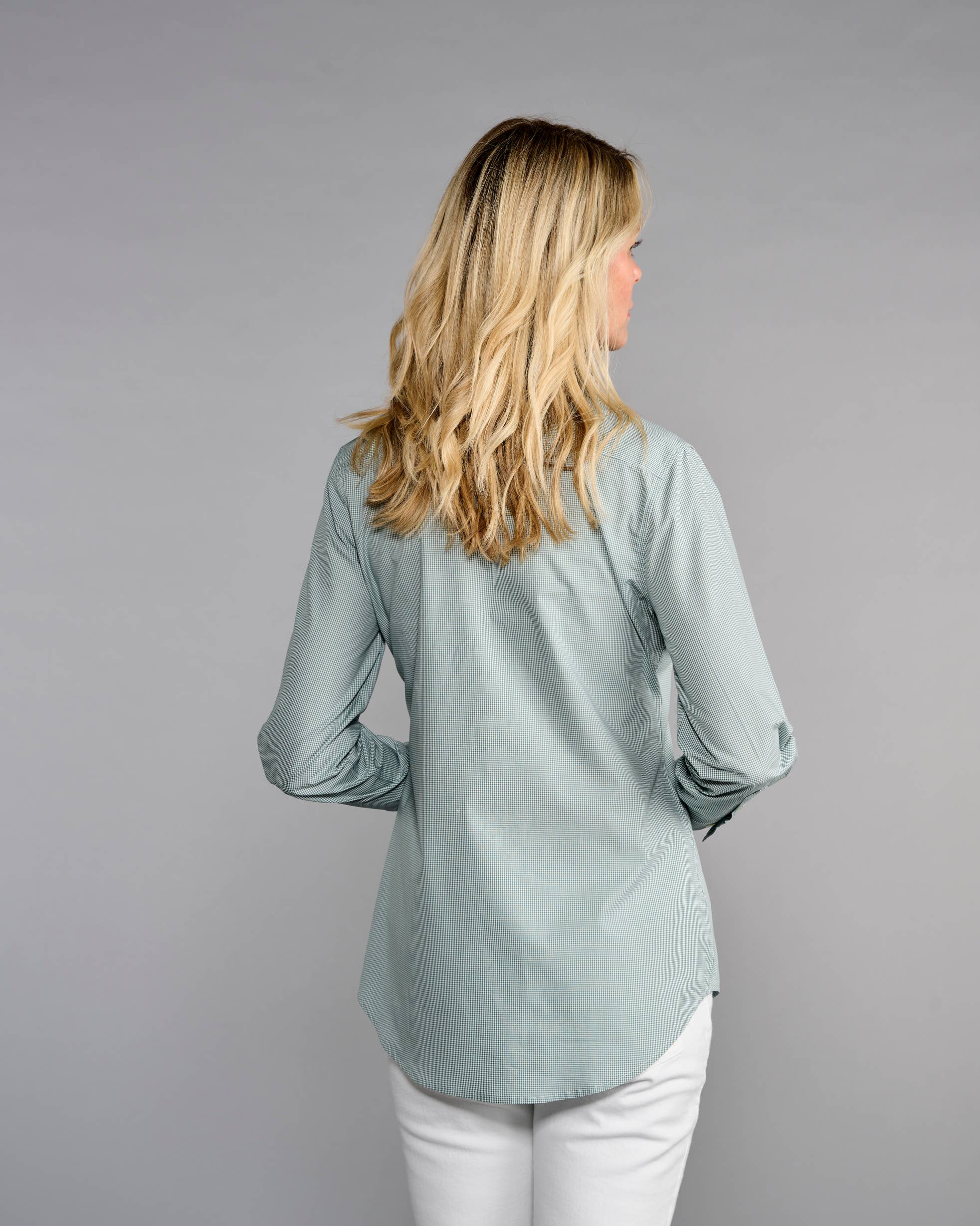 Claridge + King - The Pleated League Blouse in Sage Mini Check: L