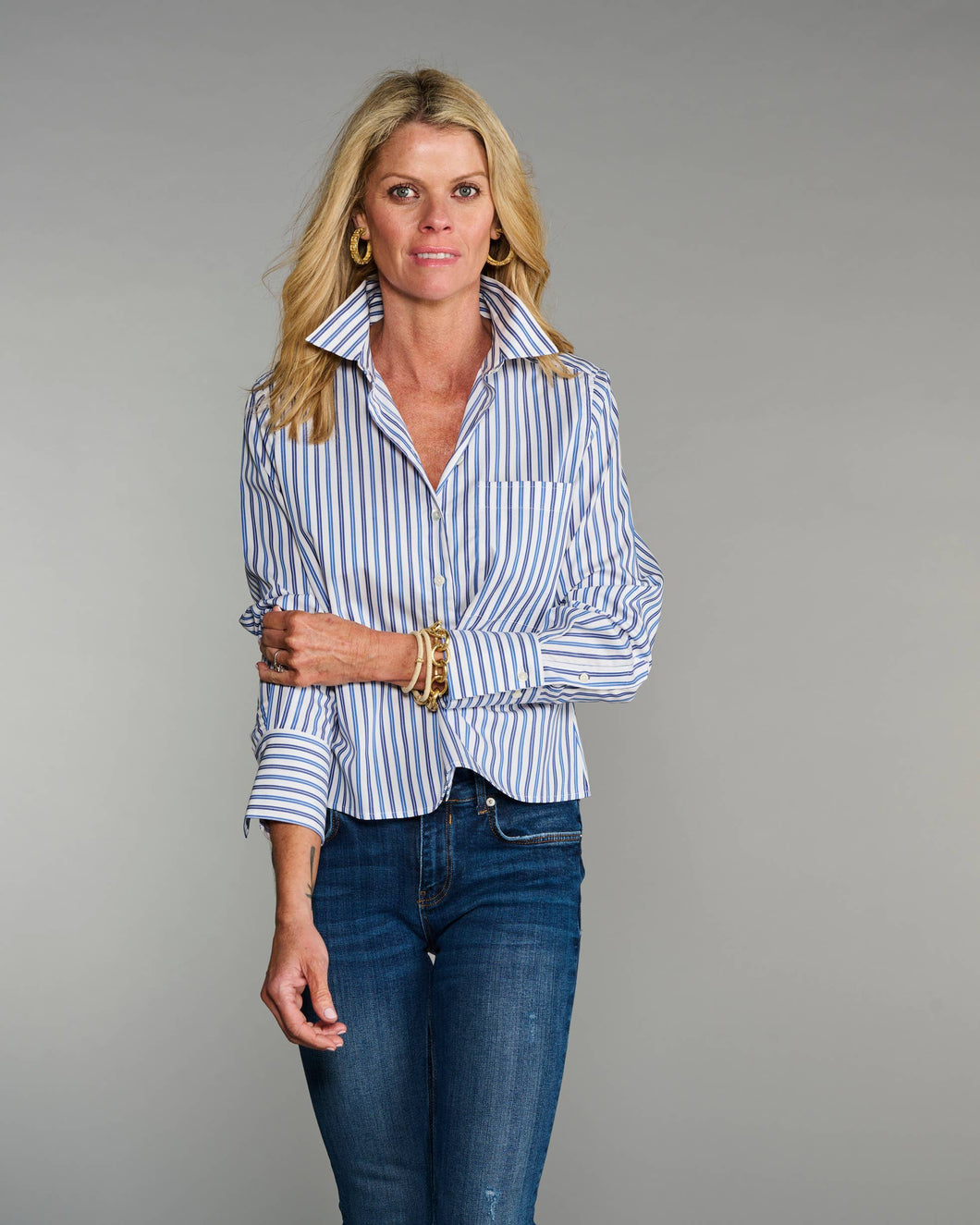 Claridge + King - The Crop in Blue on Blue Stripe: Blue / M