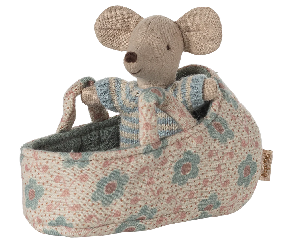 Maileg Baby Mouse in Carry Cot | Blue
