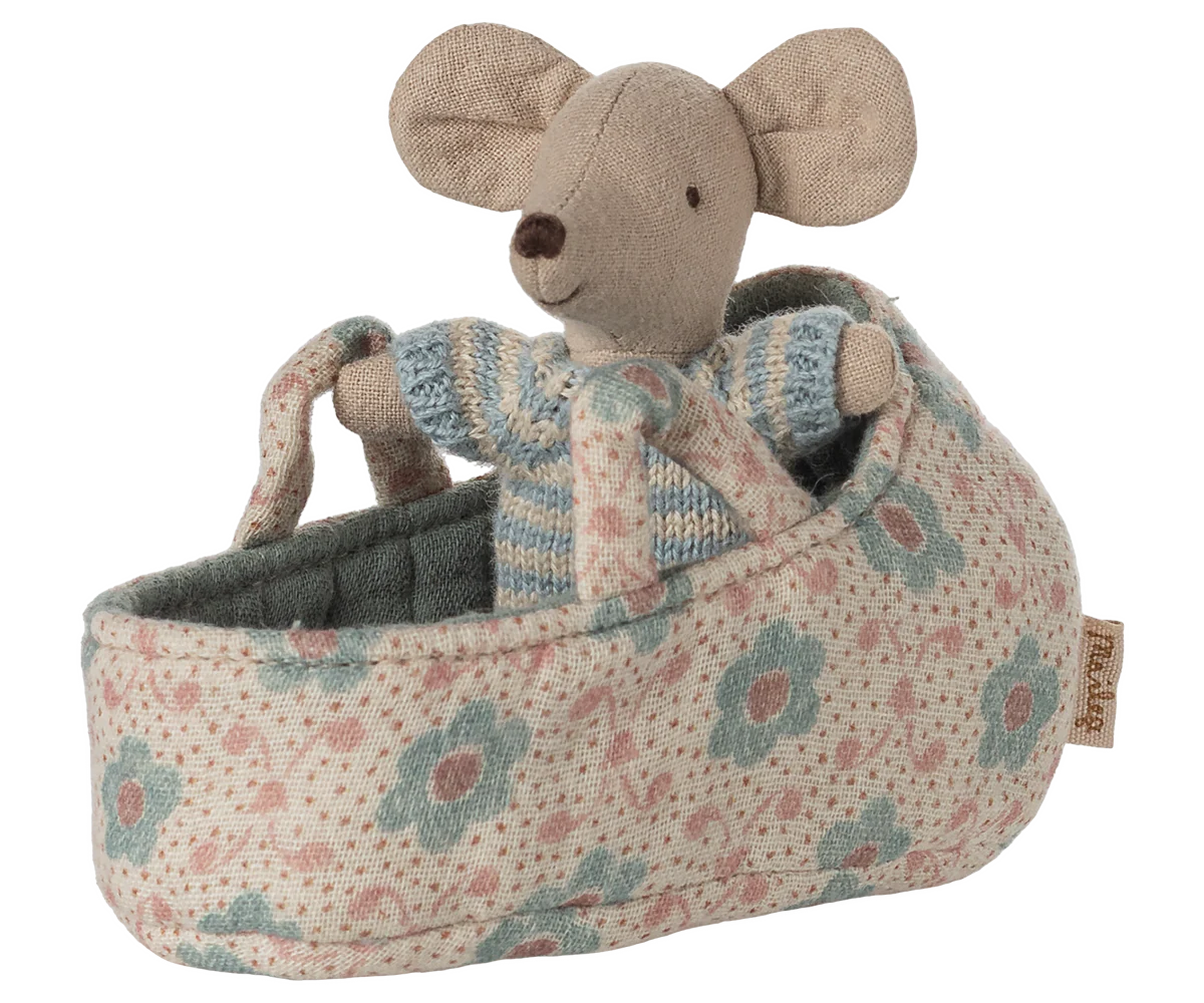 Maileg Baby Mouse in Carry Cot | Blue