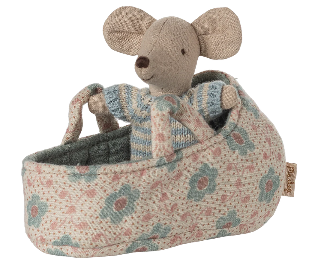 Maileg Baby Mouse in Carry Cot - Blue
