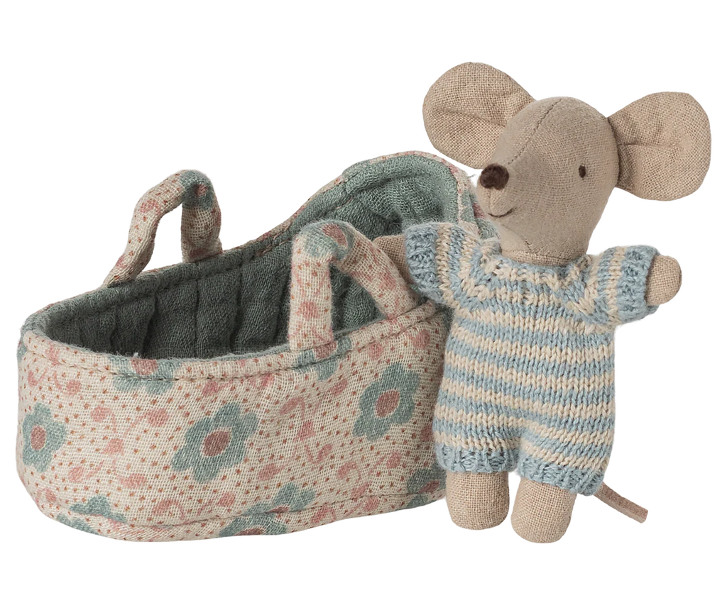 Maileg Baby Mouse in Carry Cot | Blue