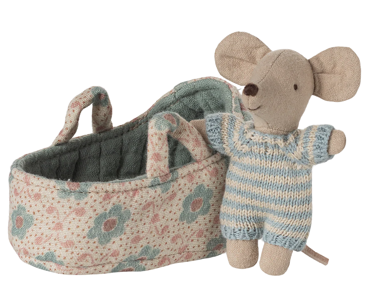 Maileg Baby Mouse in Carry Cot | Blue