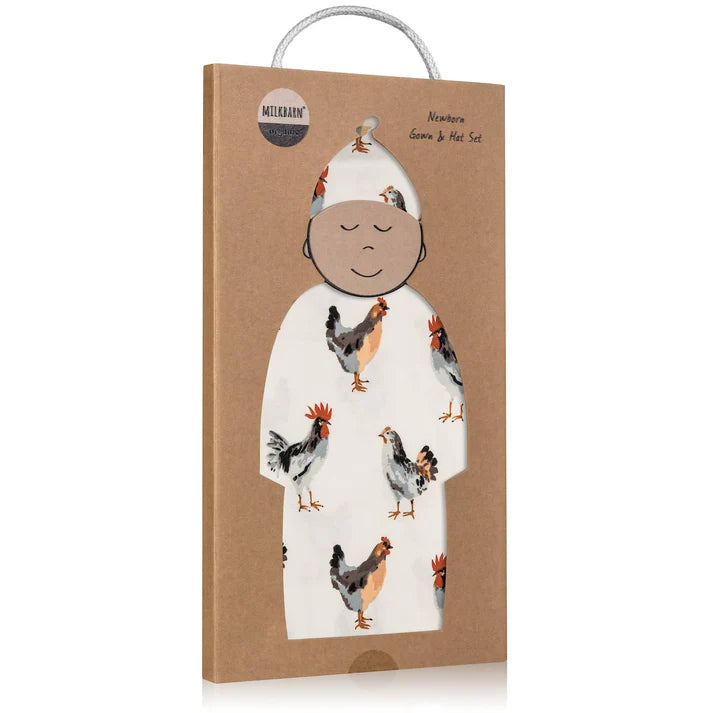 Milkbarn Organic Cotton Newborn Gown & Hat Set | Chicken