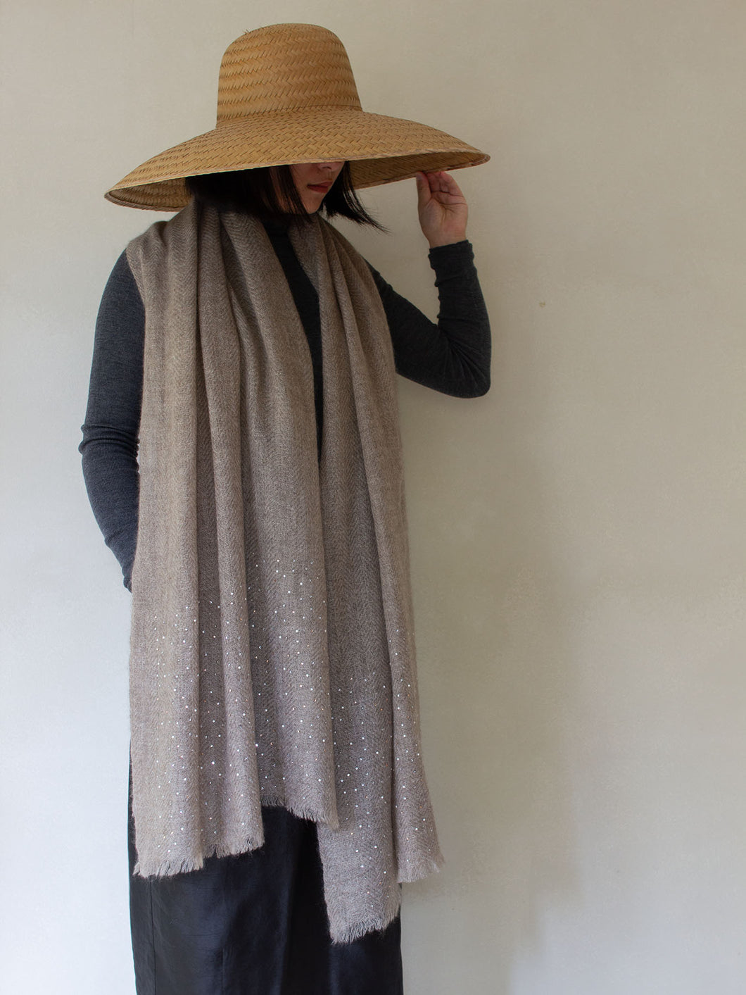 Oats & Rice Cashmere Diamante Shawl | Beige