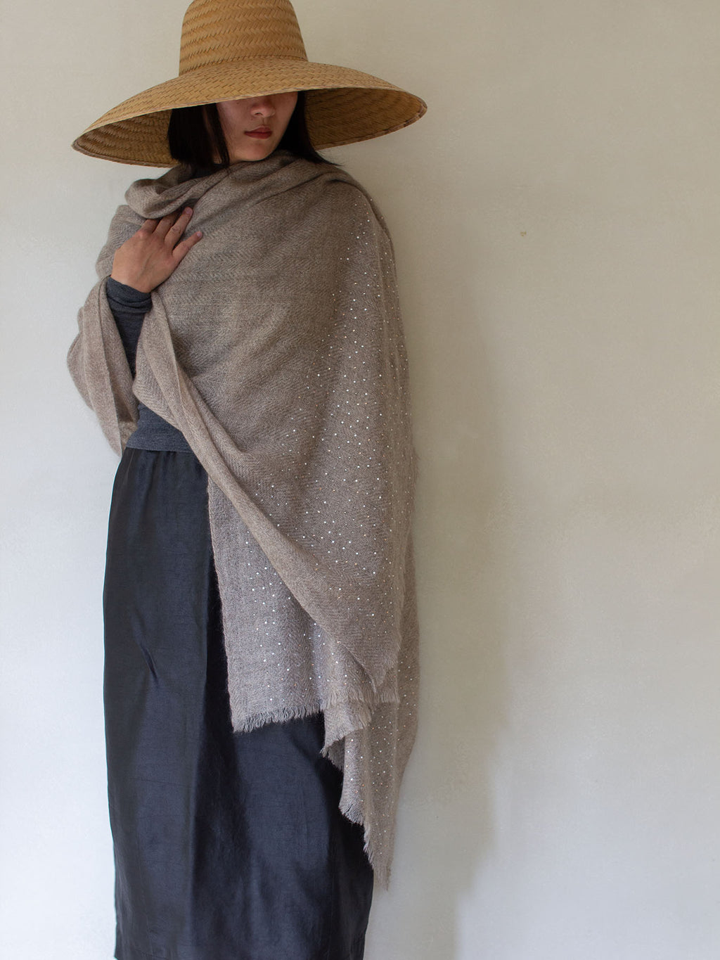 Oats & Rice Diamante Cashmere Shawl | Beige