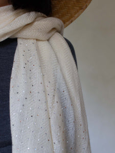 Oats & Rice Diamante Cashmere Shawl | White