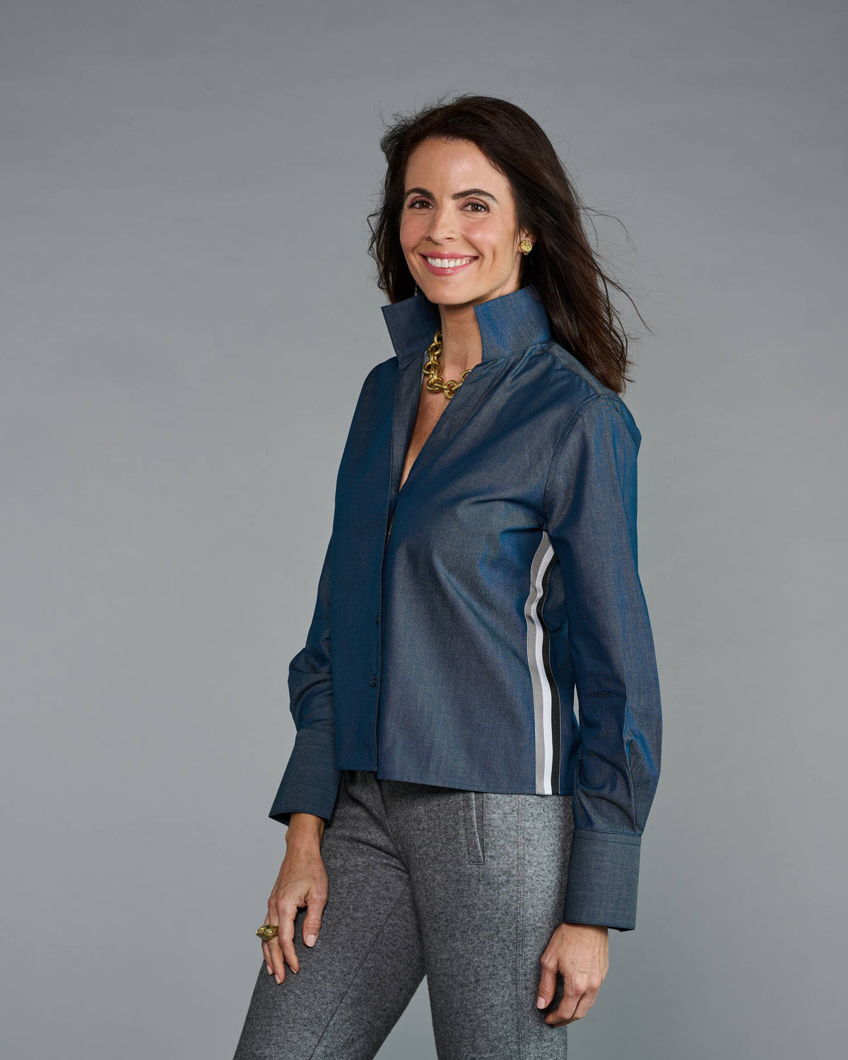 Claridge + King - The League Crop Shirt in Dark Blue Denim with Stripe Trim