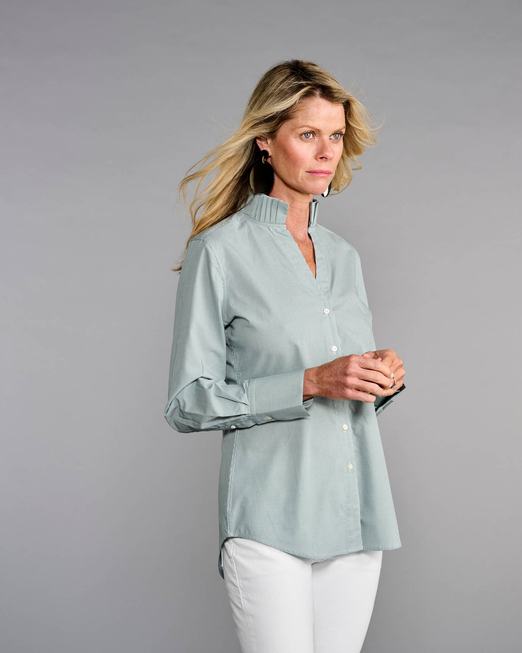 Claridge + King - The Pleated League Blouse in Sage Mini Check: XL