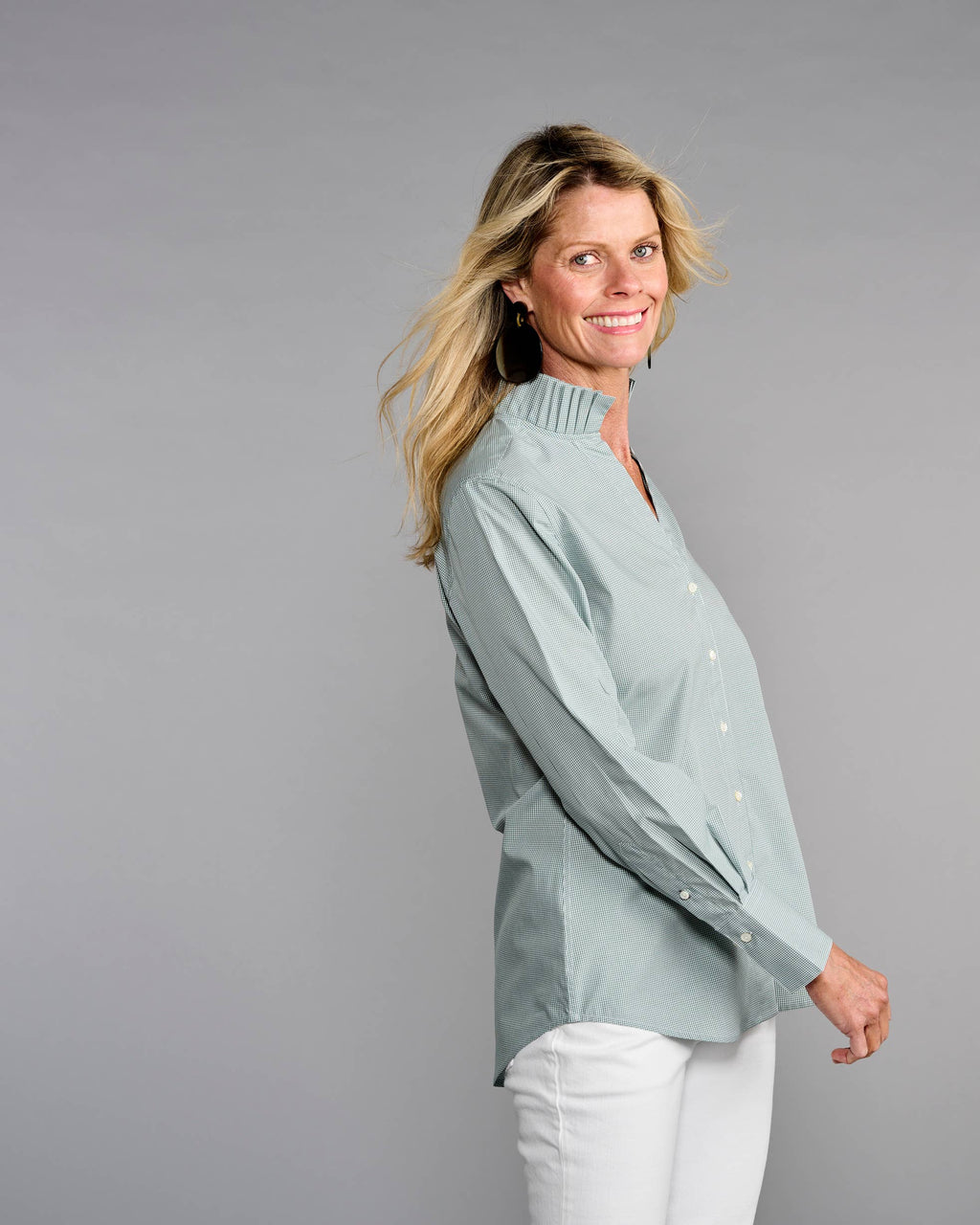 Claridge + King - The Pleated League Blouse in Sage Mini Check: XL