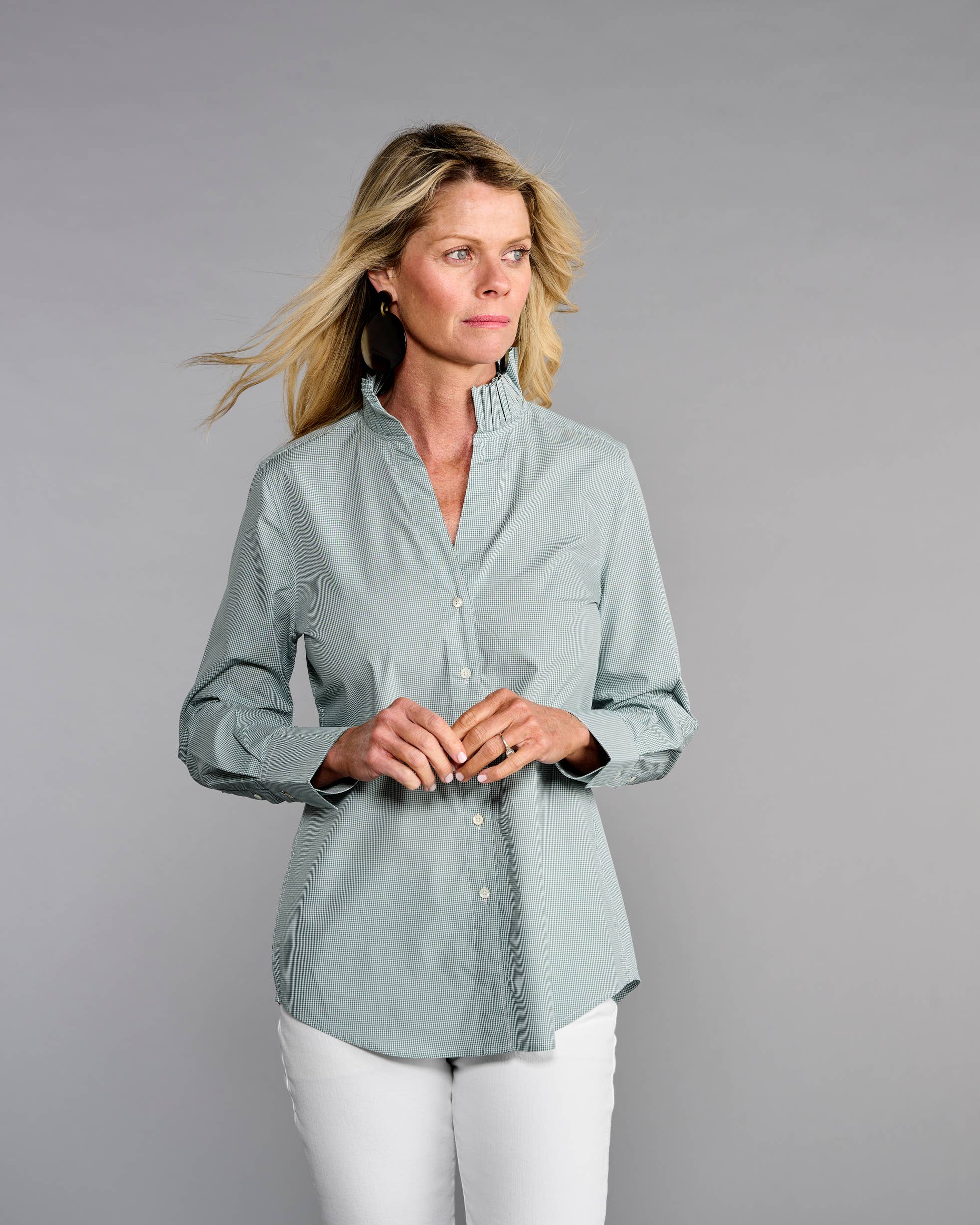 Claridge + King - The Pleated League Blouse in Sage Mini Check: S