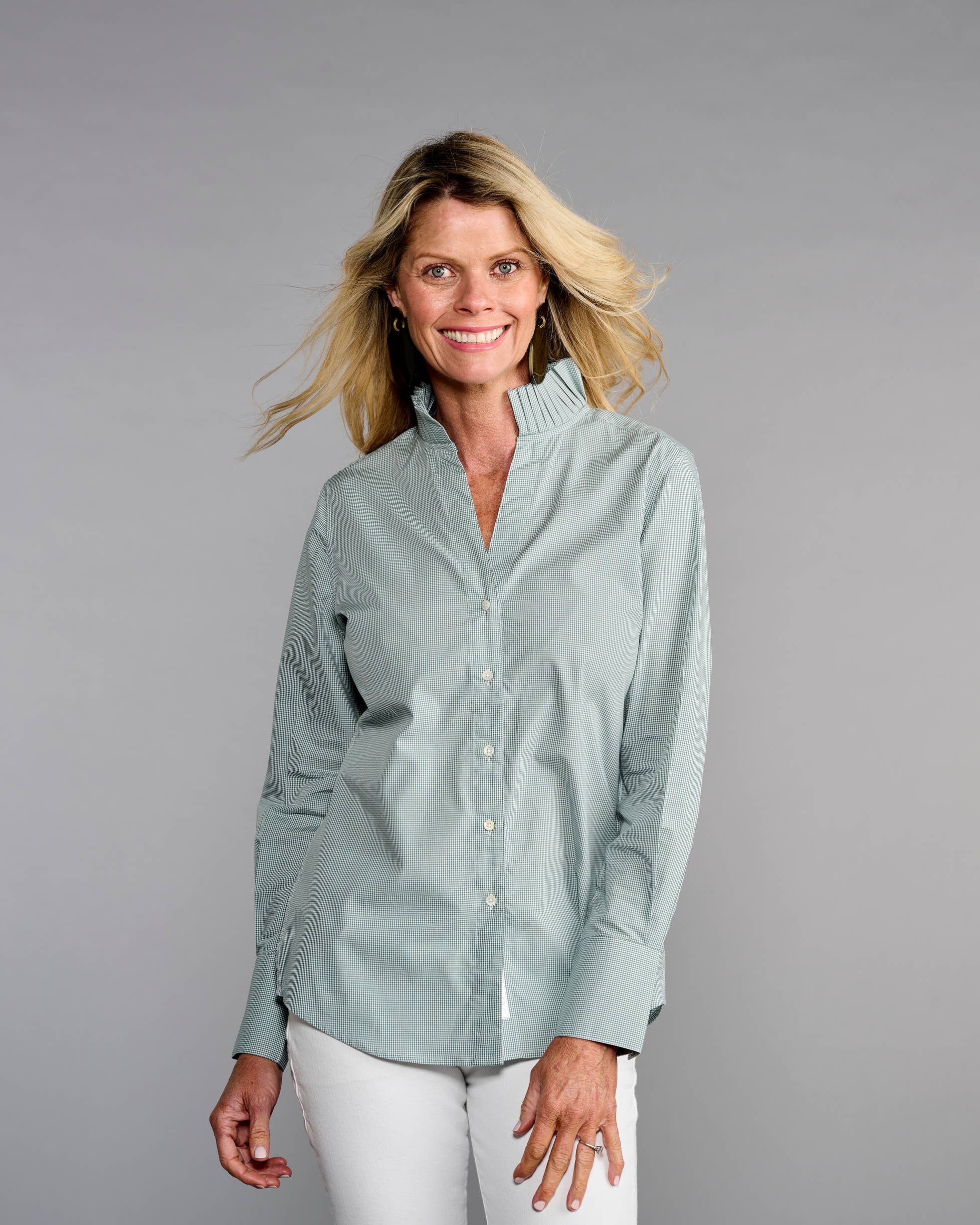 Claridge + King - The Pleated League Blouse in Sage Mini Check: L