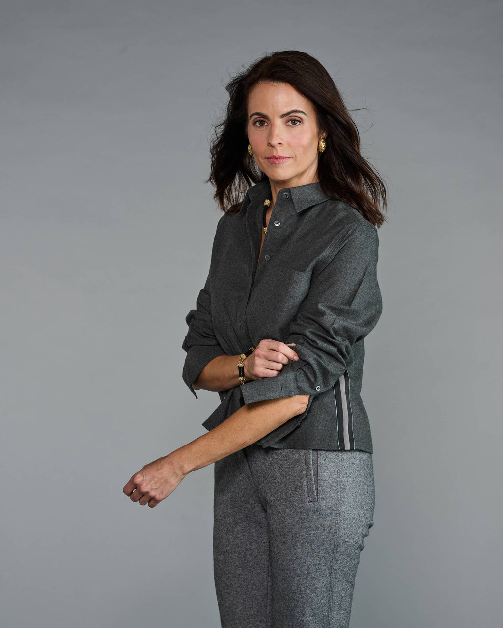 Claridge + King - The Crop in Charcoal Flannel with Striped Trim