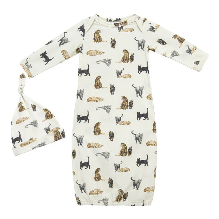 Milkbarn Organic Cotton Newborn Gown & Hat Set | Cat