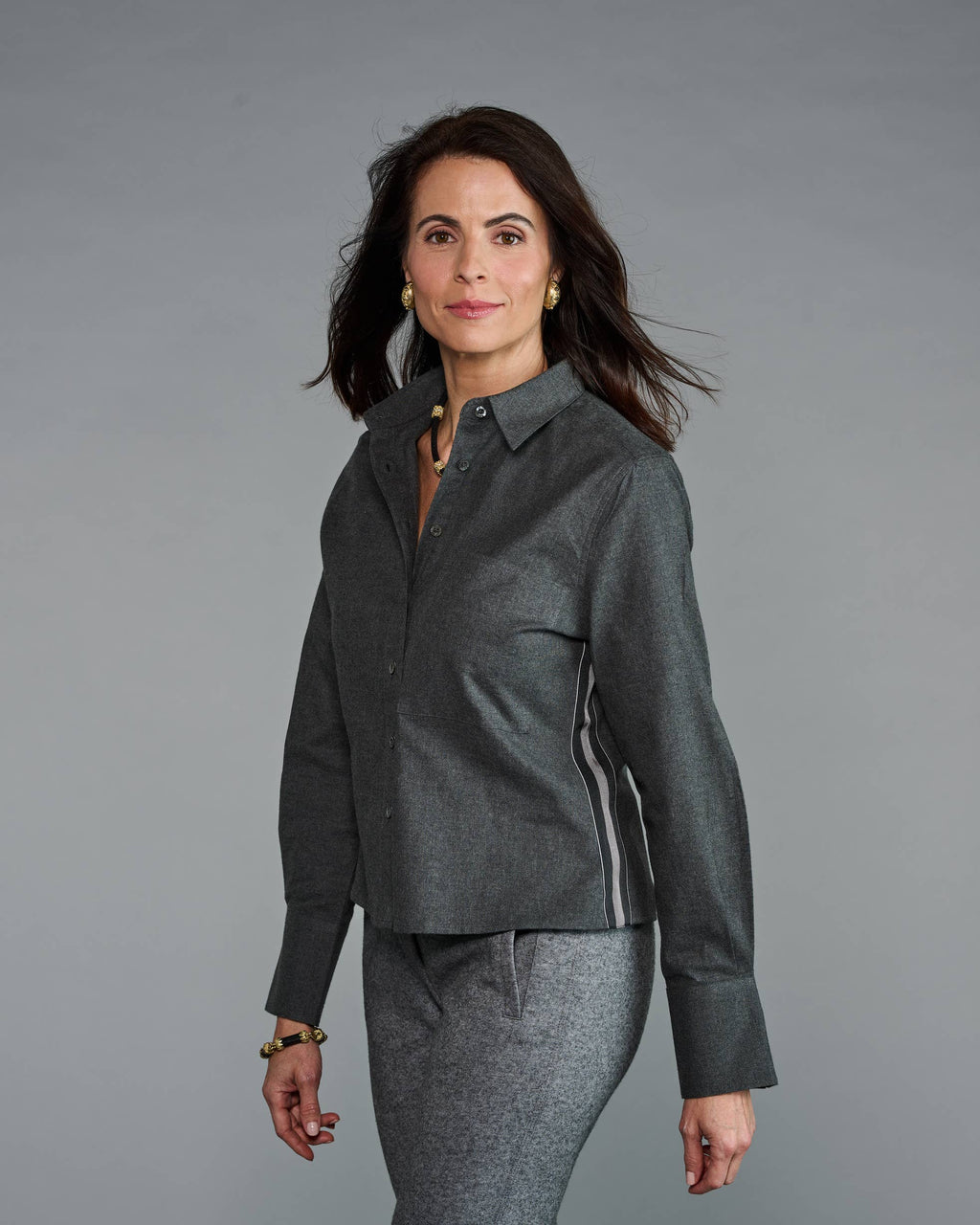 Claridge + King - The Crop in Charcoal Flannel with Striped Trim