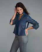 Claridge + King - The League Crop Shirt in Dark Blue Denim with Stripe Trim