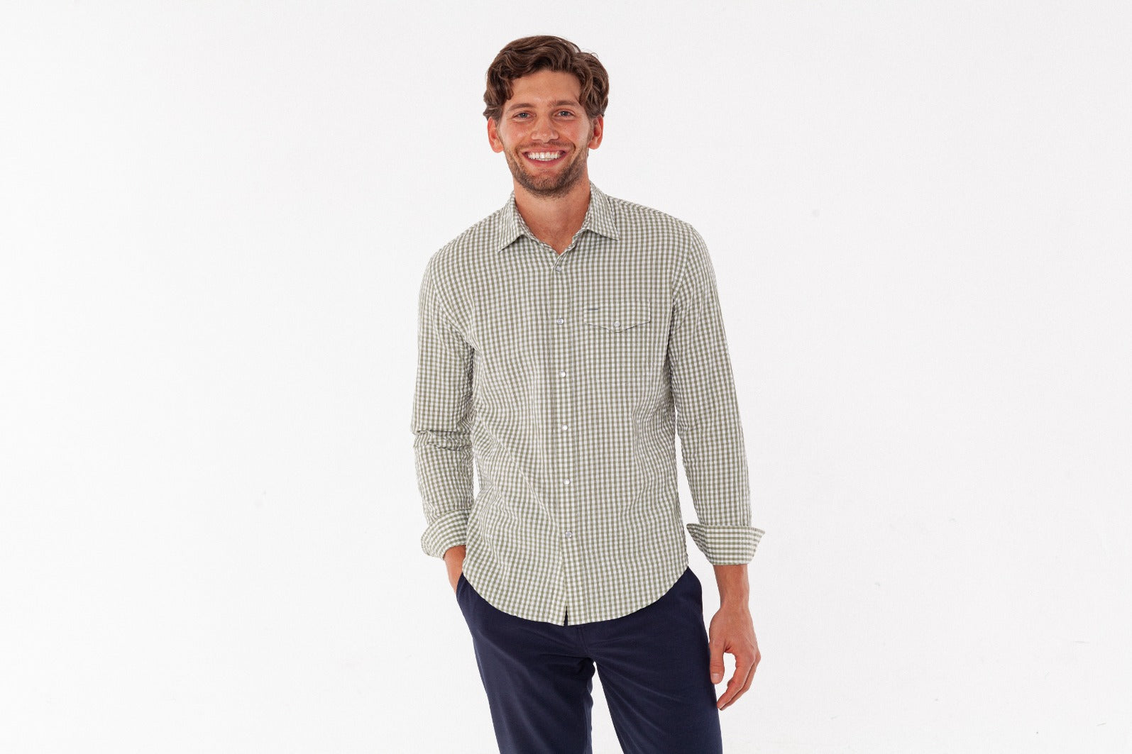 Criquet Seersucker Long Sleeve Performance Pearl Snap Button Down - Gingham Seersucker | Olive