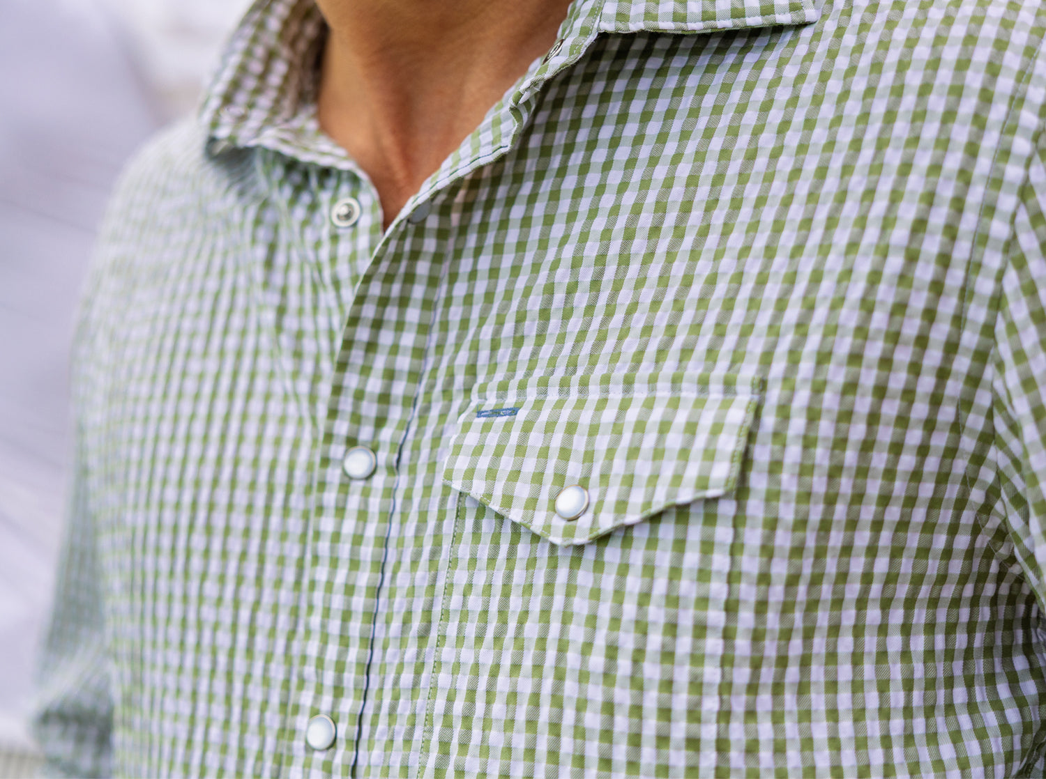 Criquet Seersucker Long Sleeve Performance Pearl Snap Button Down - Gingham Seersucker | Olive