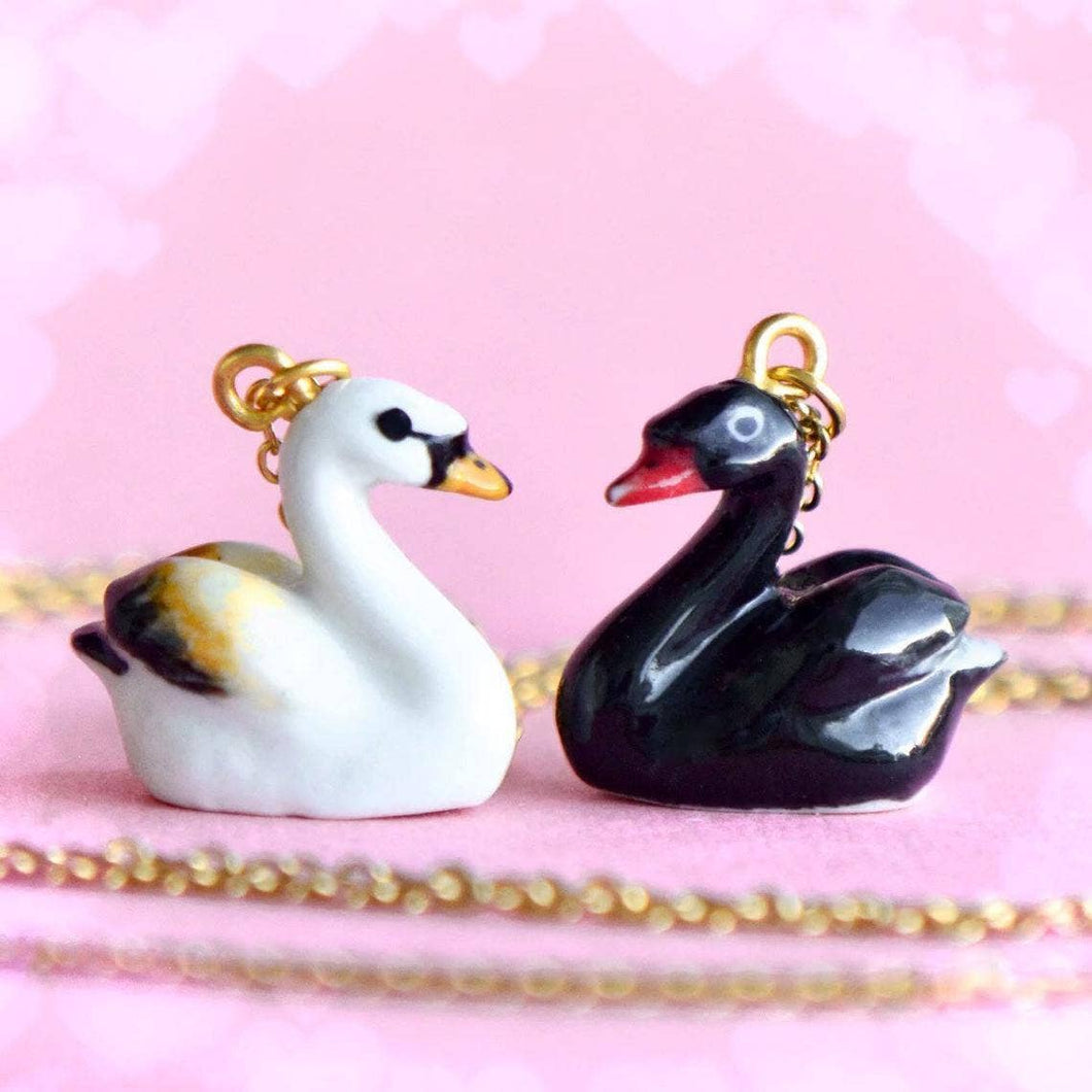 Hand-Painted Porcelain Swan Necklace - Black