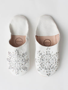 Moroccan Babouche Sequin Slippers, White & Silver - Small