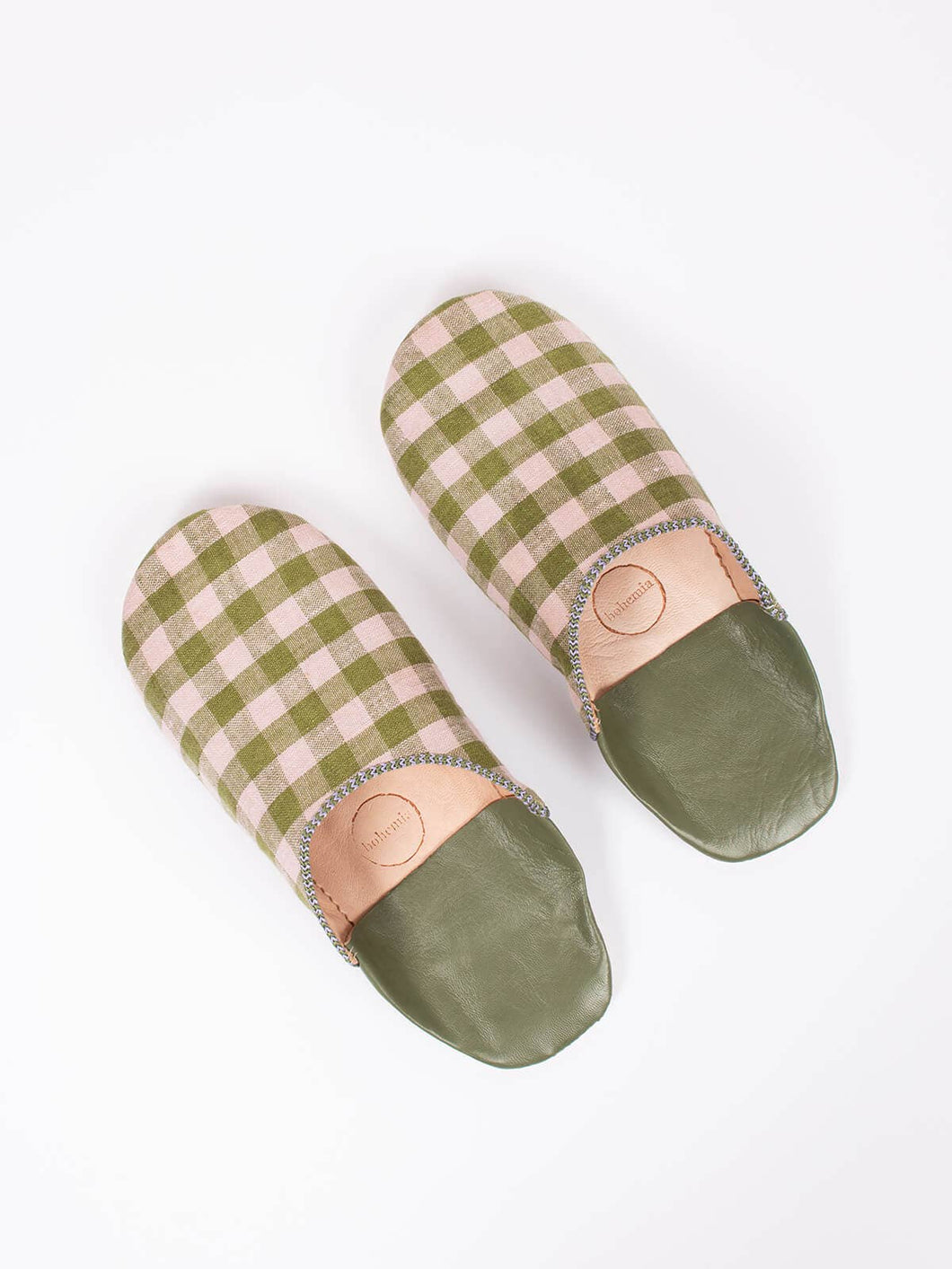 Margot, Olive Check Linen Babouche Slippers - Small