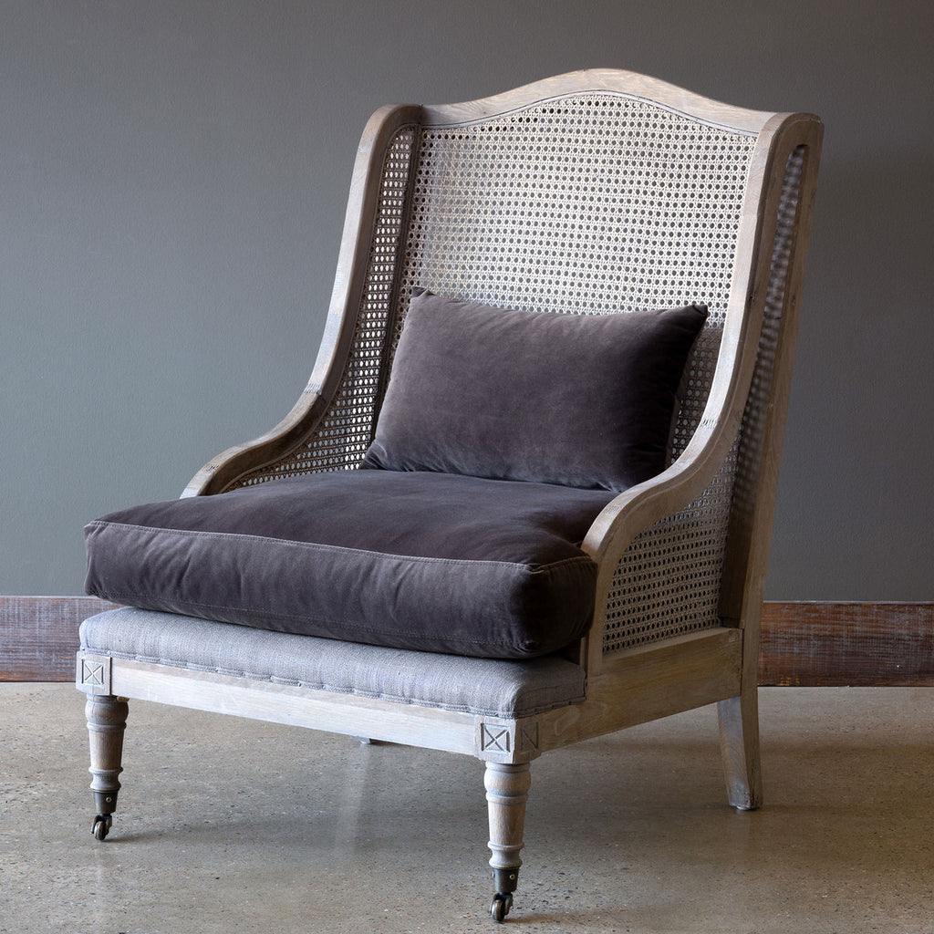 Cane and Velvet Wingback Chair