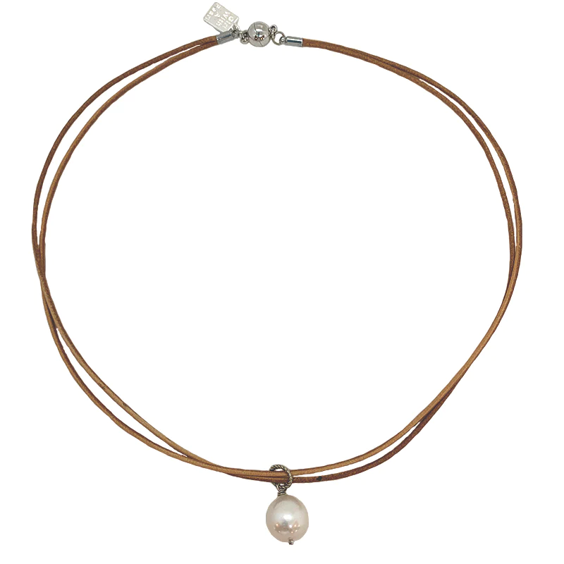 Tan Leather Choker Round Pearl 18"