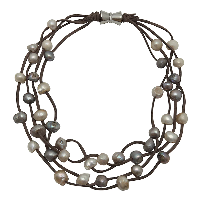 Gray Suede Four Strand Multi Pearl Necklace